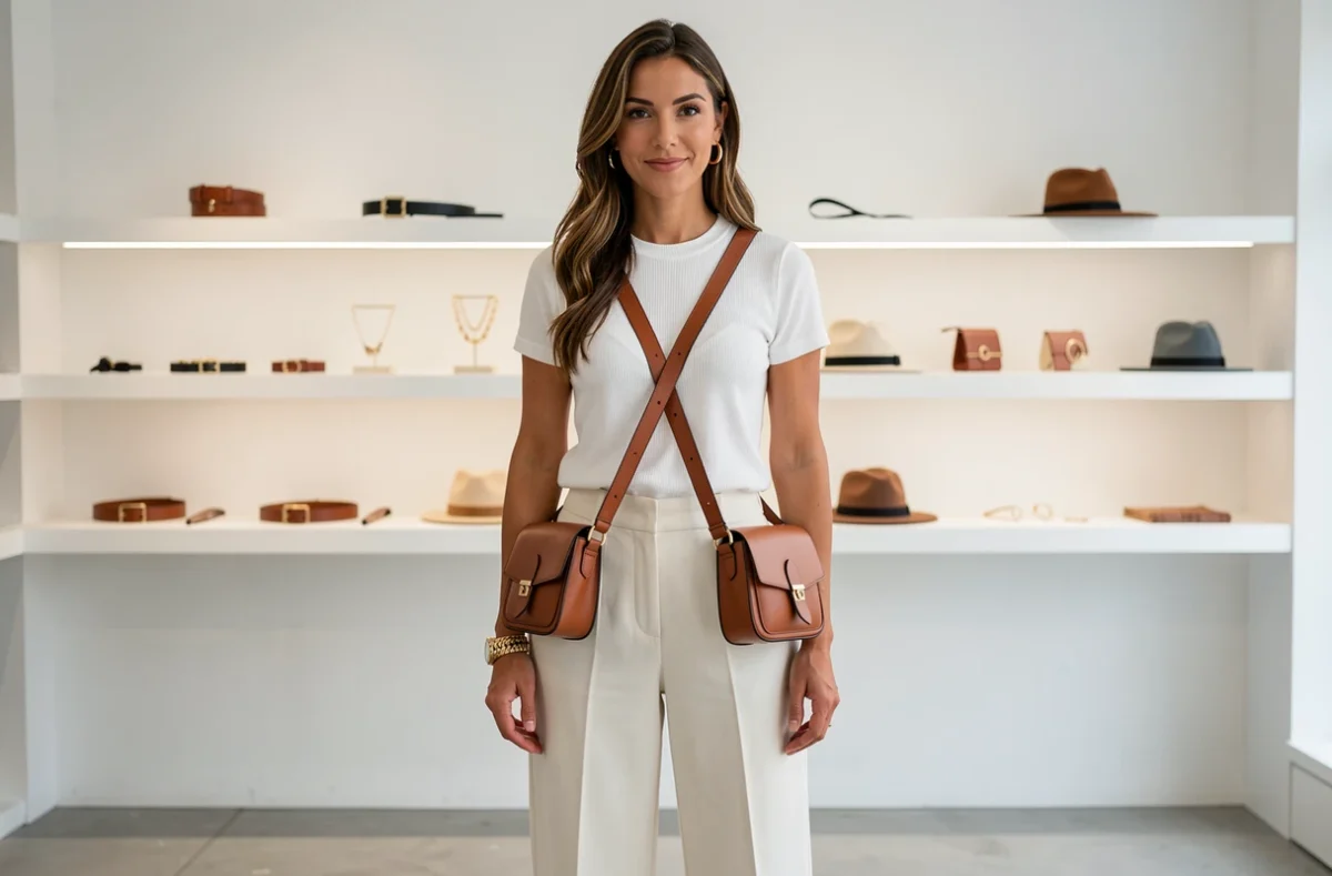 Femme en tenue chic portant un sac bandoulière en cuir cognac et des boucles d'oreilles dorées dans une boutique minimaliste