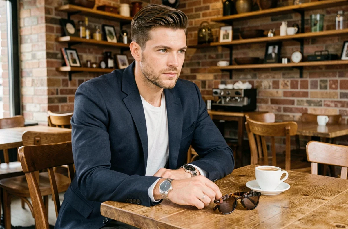 Homme élégant dans un café avec montre argentée et lunettes de soleil écaille de tortue posées sur une table en bois