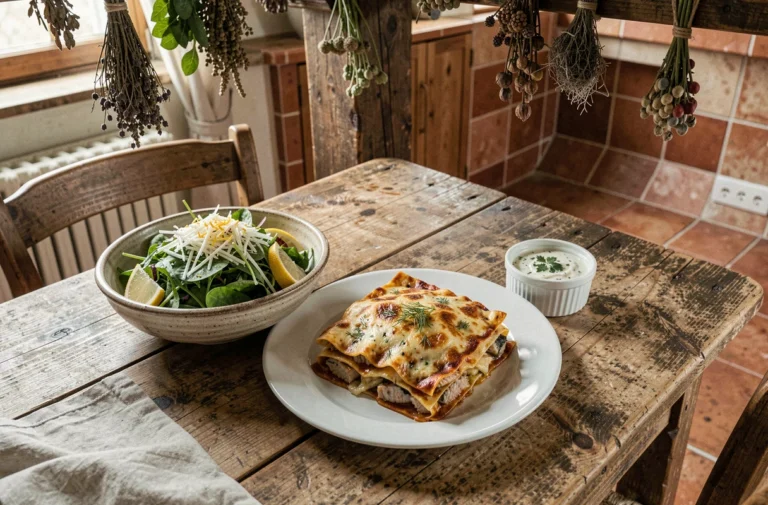 Lasagnes au poisson servies avec une salade de fenouil et une crème fraîche aux herbes sur une table en bois rustique