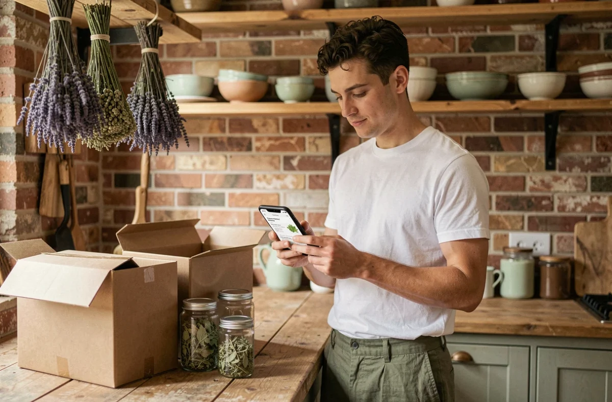 Homme consultant une boutique en ligne de compléments naturels sur smartphone dans une cuisine rustique avec des herbes séchées