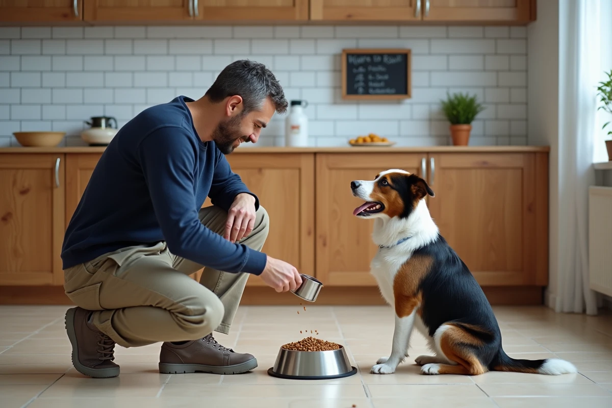Homme qui prépare la ration alimentaire de son border collie dans une cuisine, alimentation équilibrée du chien