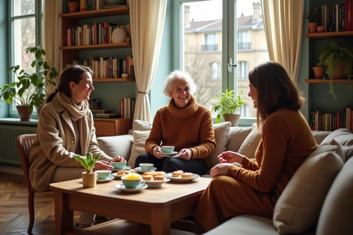 Amis partageant un thé dans un salon lumineux à Nantes