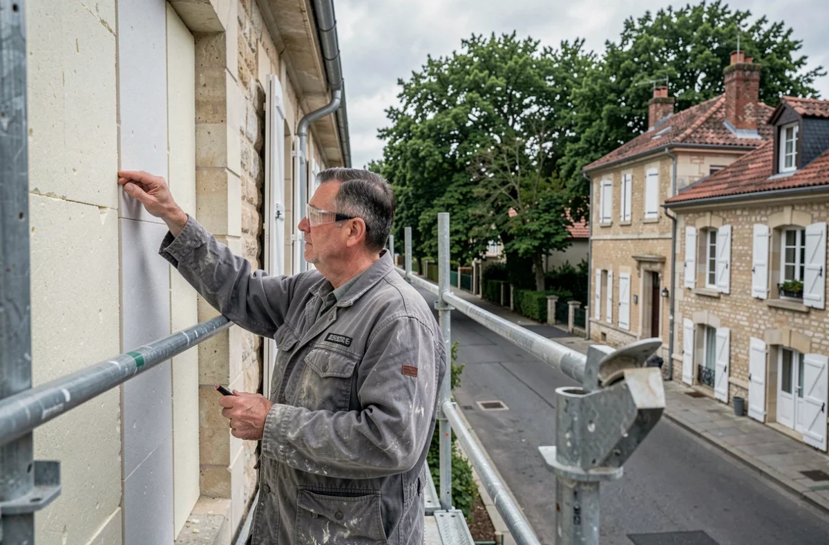 Artisan inspectant l'isolation thermique extérieure d'une maison en pierre lors de travaux de rénovation