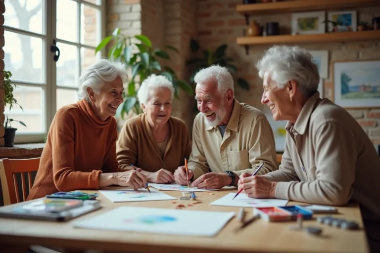 Groupe de seniors participant à un atelier de peinture à Lyon avec Quintonic, dans un studio artistique convivial