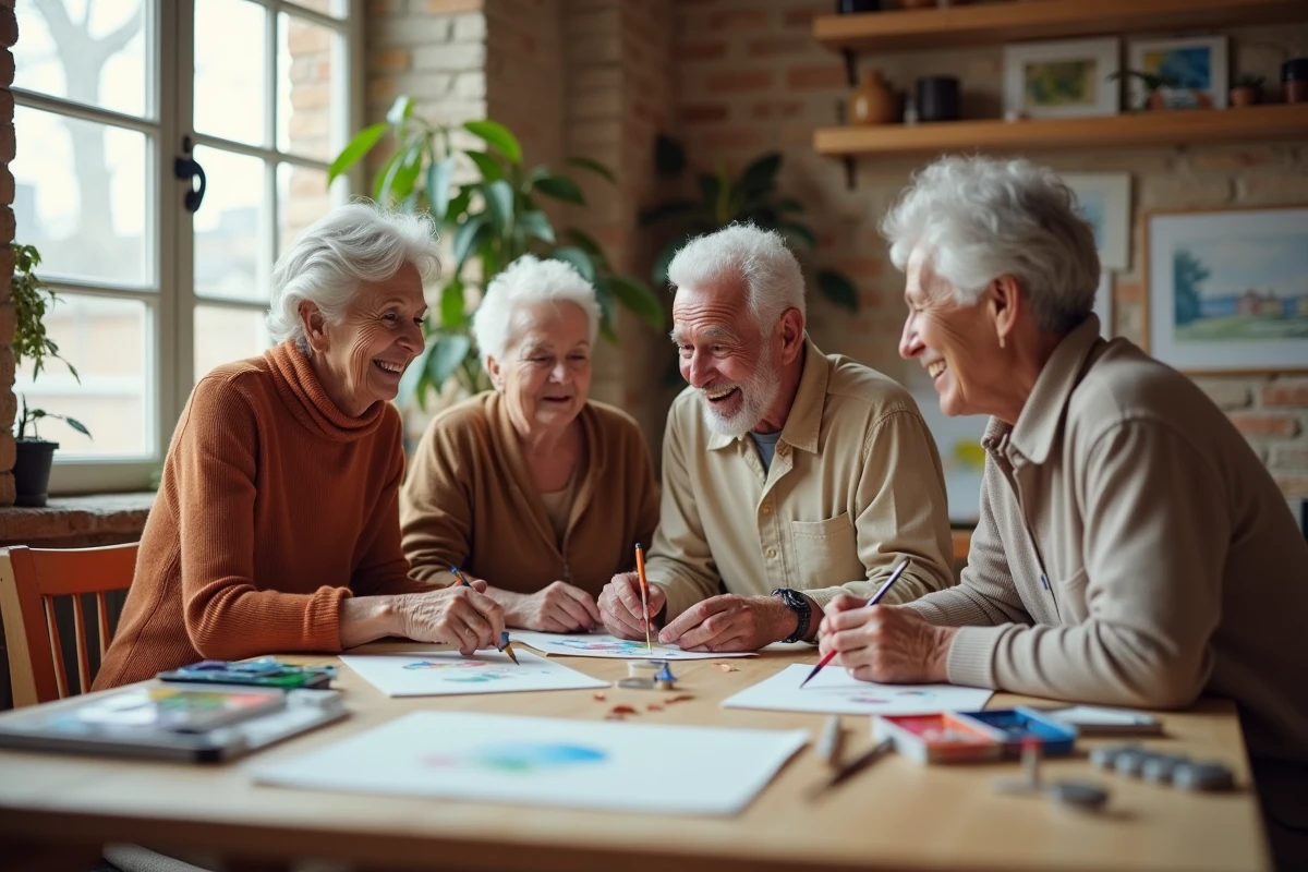 Groupe de seniors participant à un atelier de peinture à Lyon avec Quintonic, dans un studio artistique convivial