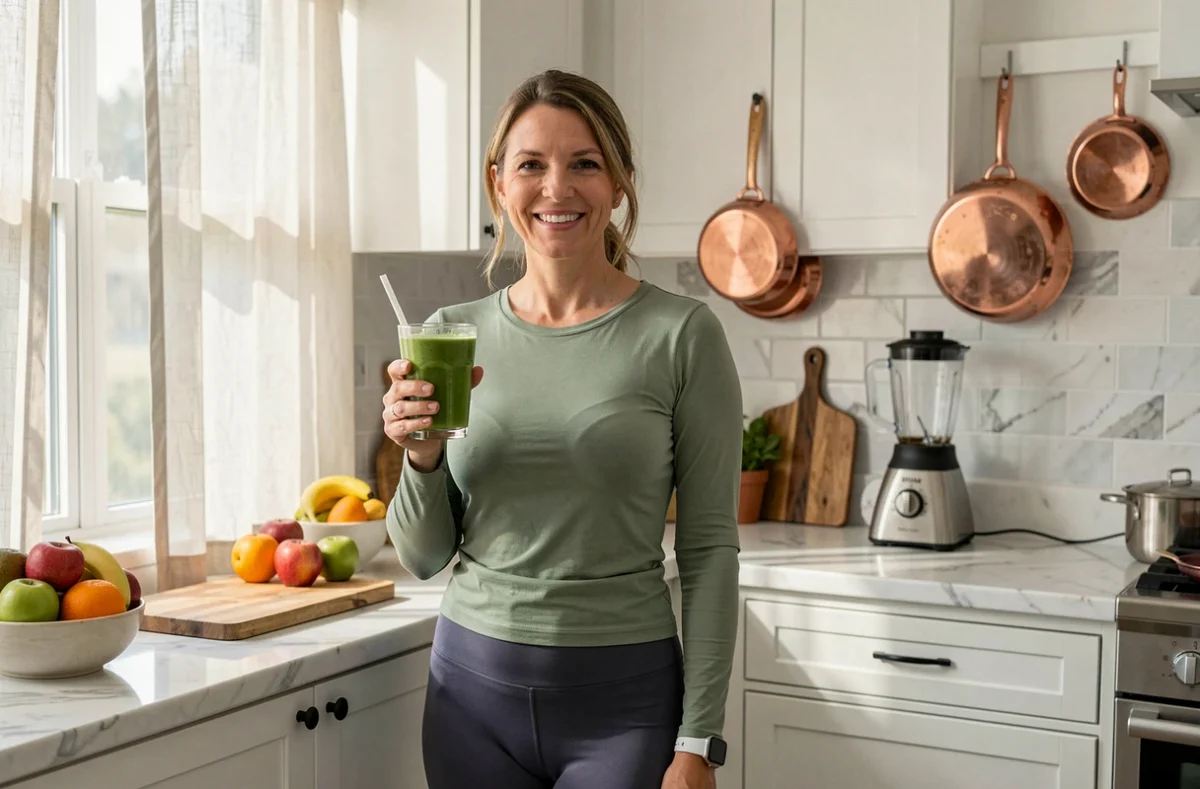 Femme souriante tenant un smoothie vert dans une cuisine moderne, alliant bien-être et beauté naturelle au quotidien