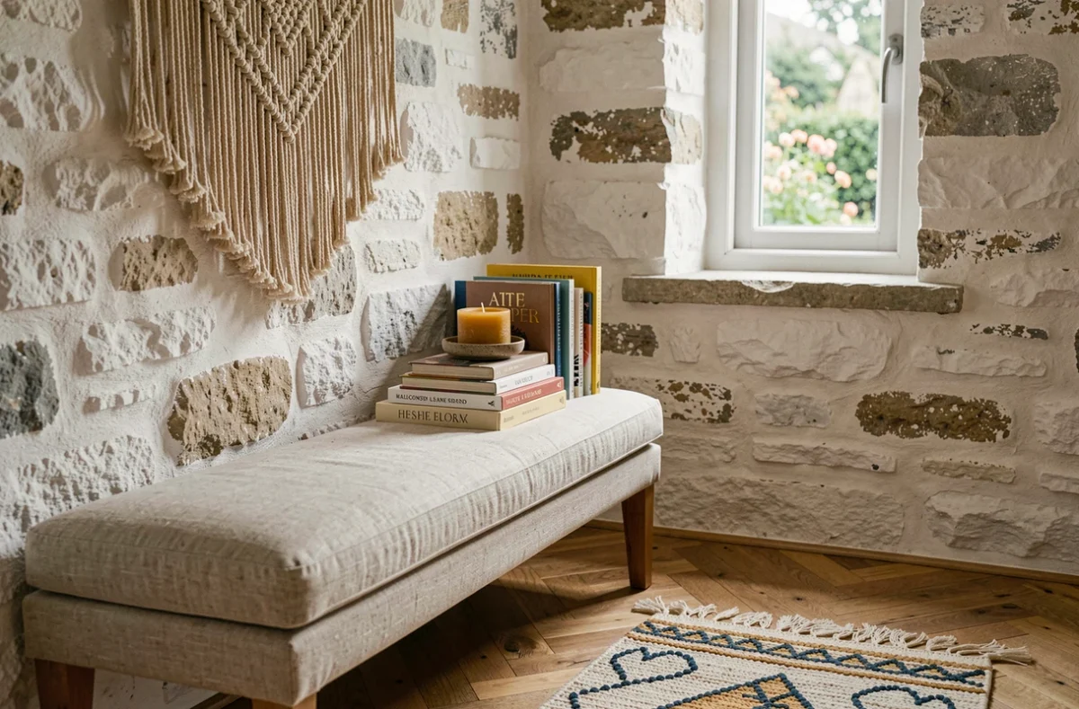 Coin lecture douillet avec suspension en macramé fait main, bougie en cire d'abeille et tapis marocain noué à la main sur parquet en chêne