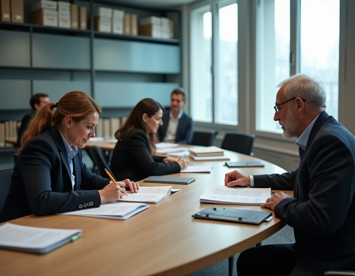 Commission d'attribution de logement social en réunion, membres examinant les dossiers de candidats dans une salle administrative