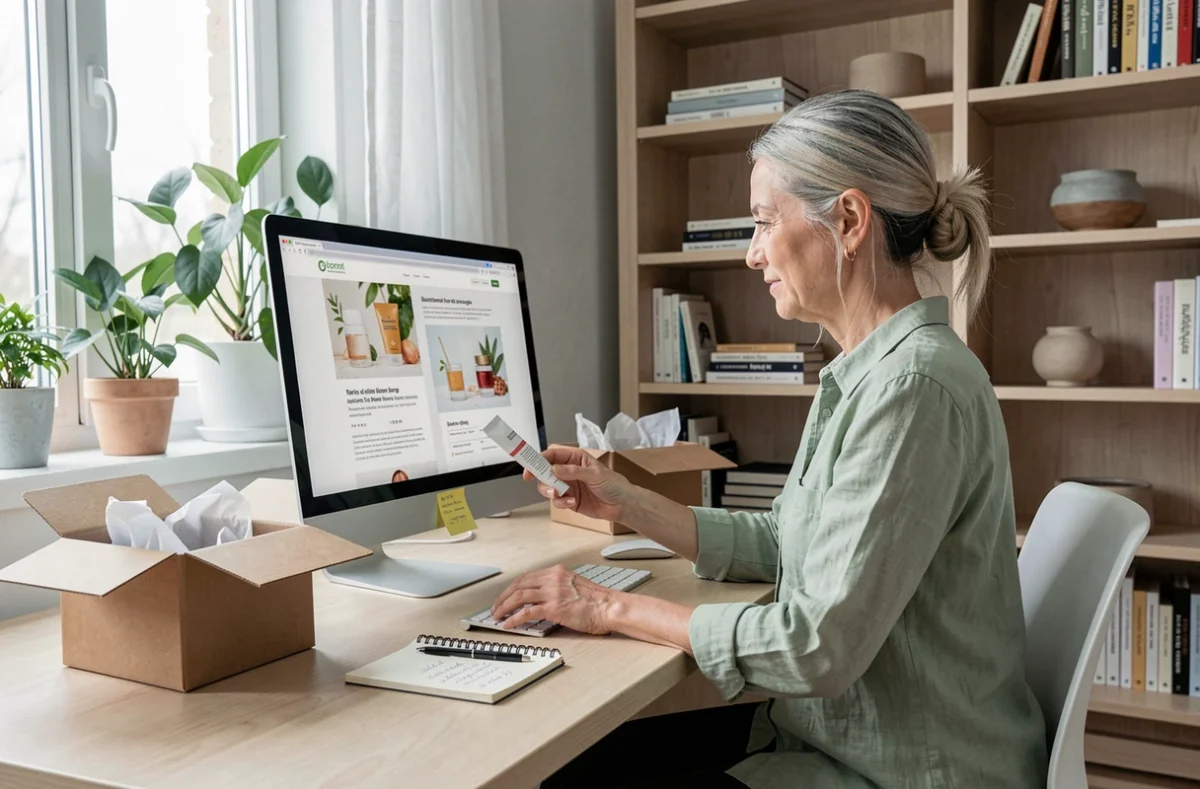 Femme aux cheveux argentés comparant des produits de beauté naturels en ligne sur un ordinateur dans un bureau minimaliste à domicile