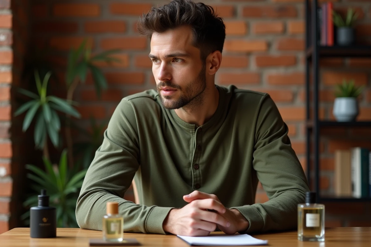 Homme comparant plusieurs flacons de parfum pas chers sur un bureau en bois dans un bureau à domicile