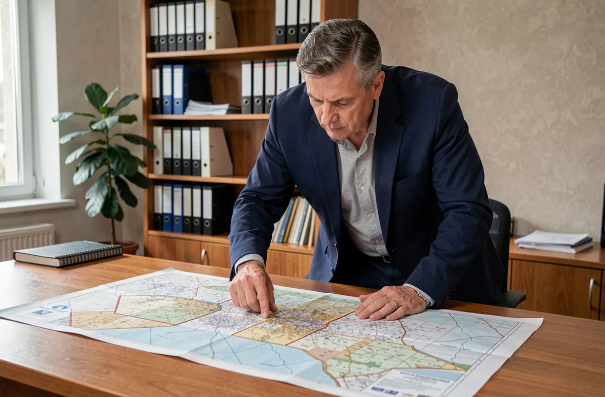 Un professionnel de l'immobilier consulte une revue foncière et une carte cadastrale sur un bureau en bois dans un bureau moderne