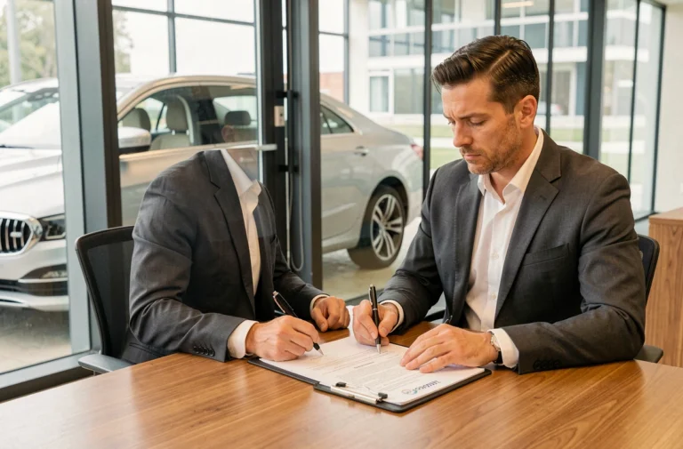 Employeur signant un contrat de voiture de fonction dans un bureau d'entreprise moderne