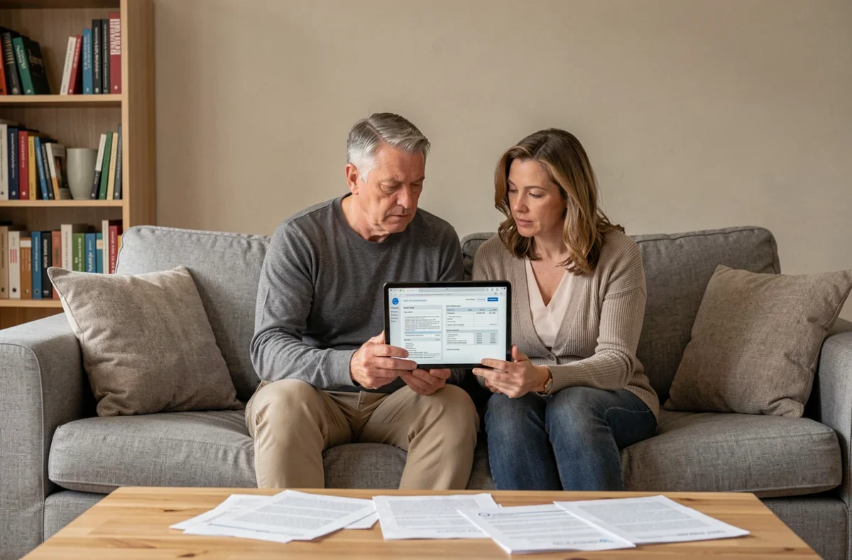 Couple consultant des documents bancaires et un contrat d'assurance Predica sur tablette pour comprendre un prélèvement mensuel