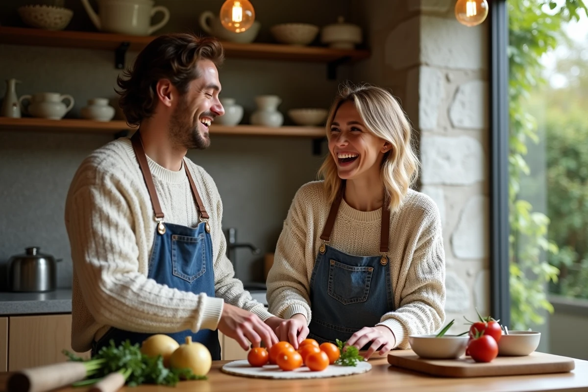 Jeune couple préparant le dîner dans une cuisine chaleureuse