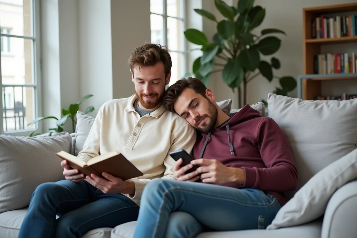 Couple de deux hommes se relaxant ensemble dans un appartement parisien moderne sur un canapé en lin gris