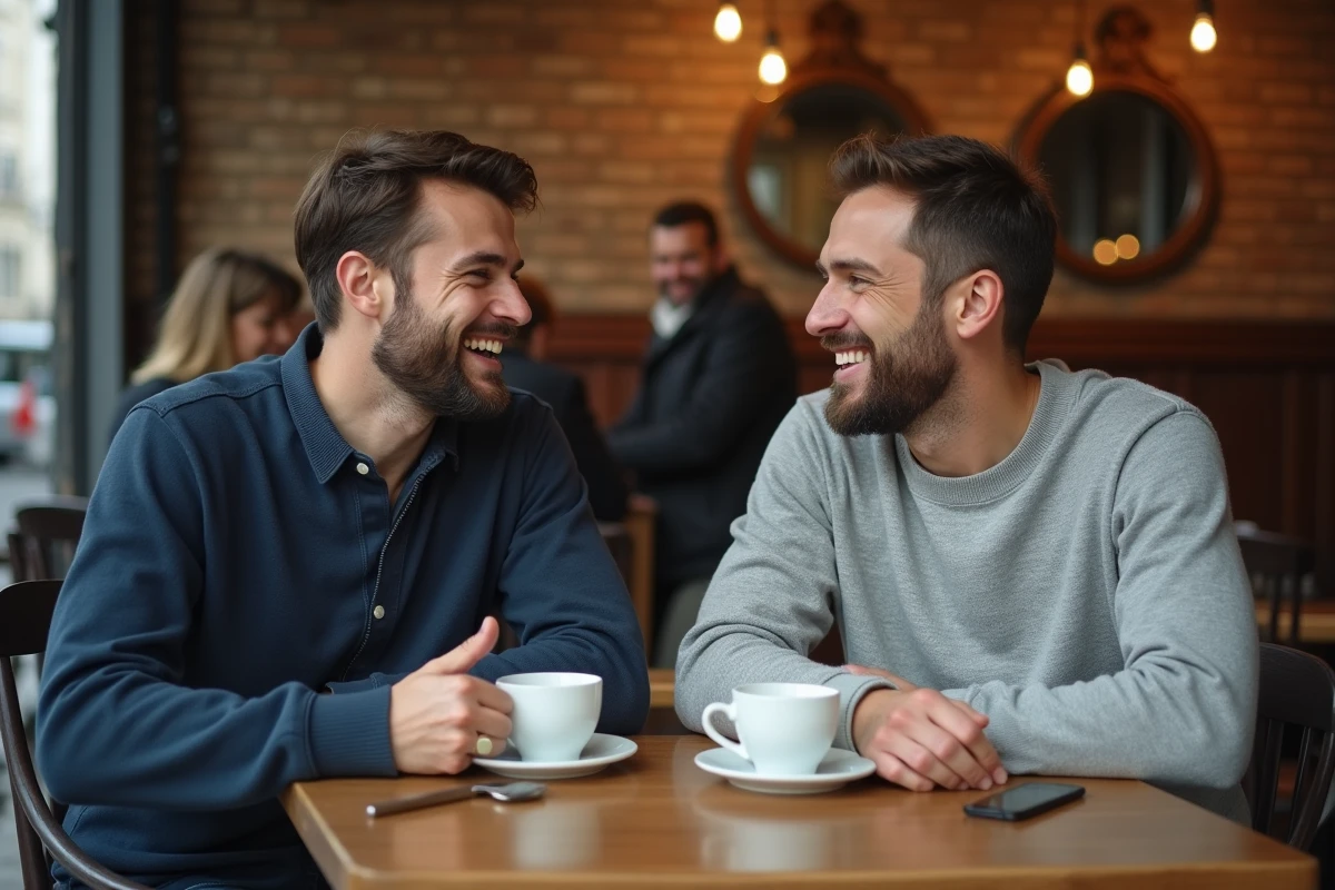 Deux hommes en couple partageant un moment complice autour d'un café dans un bistrot parisien chaleureux