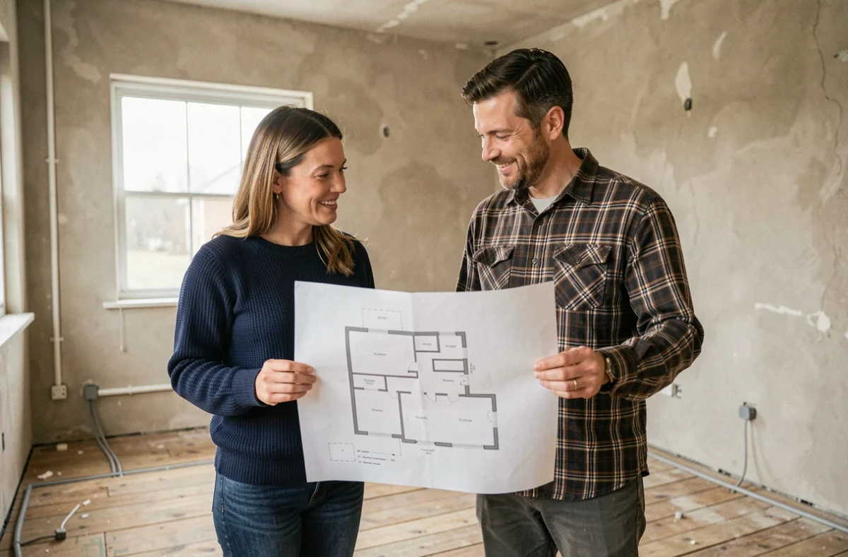 Couple examinant les plans de rénovation de leur maison dans une pièce en cours de transformation