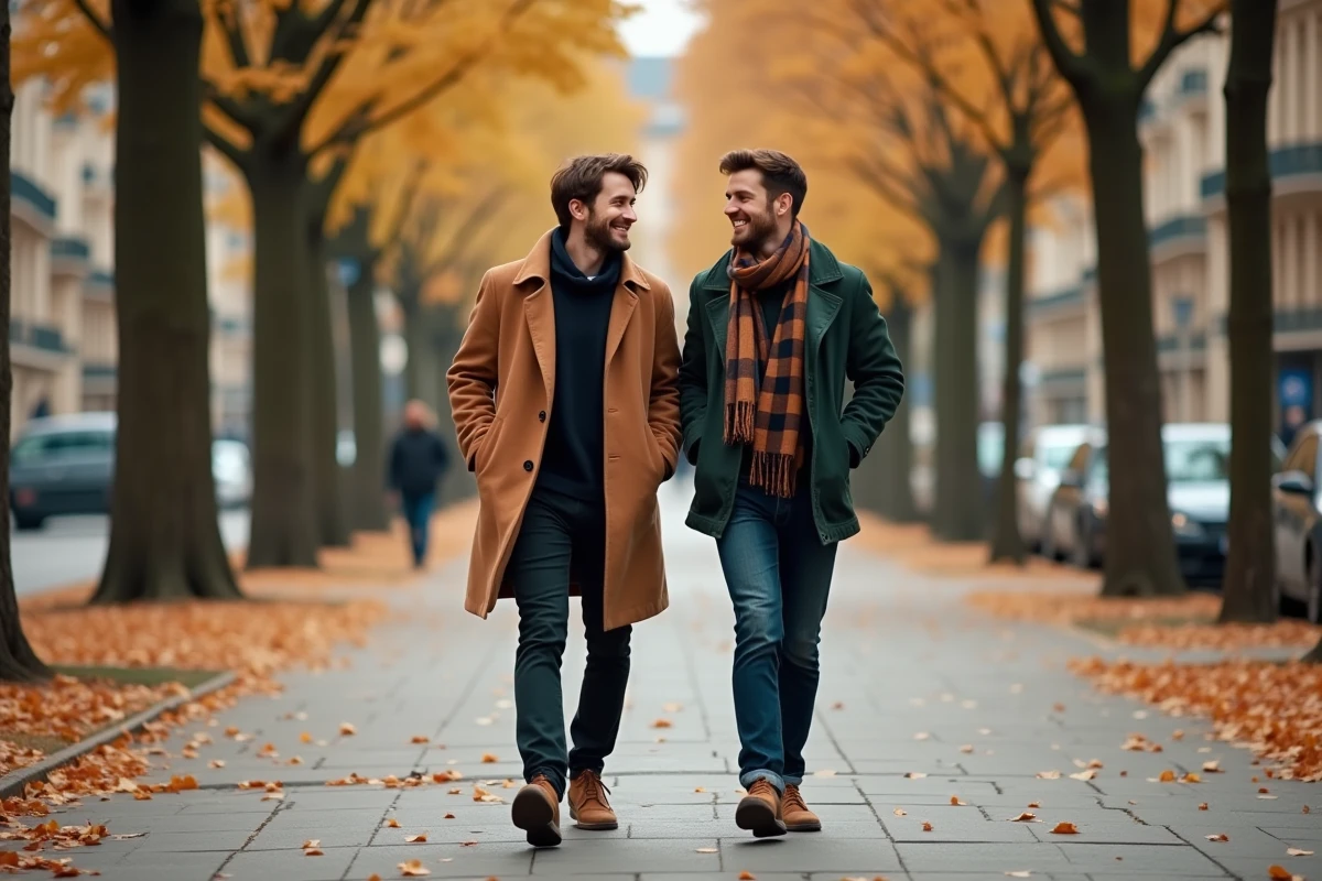 Couple de deux hommes se promenant main dans la main sur un boulevard parisien en automne parmi les feuilles dorées
