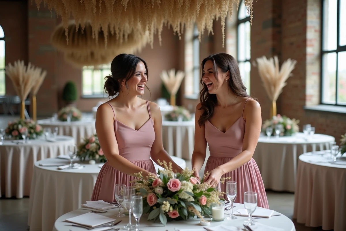 Deux demoiselles d'honneur en robes rose poudré arrangeant des fleurs séchées dans une salle de mariage avec des fenêtres arquées