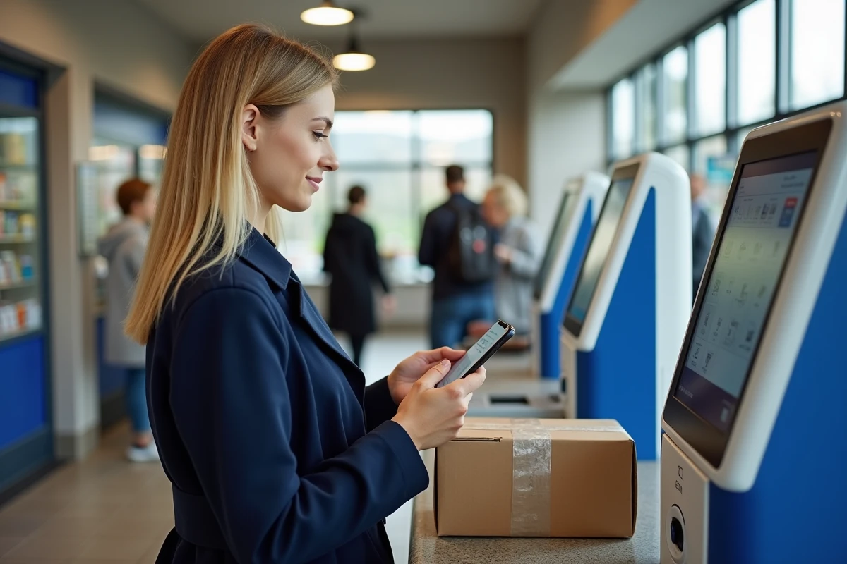 Femme déposant un colis de retour Promod dans un point relais en scannant un code-barres sur son smartphone