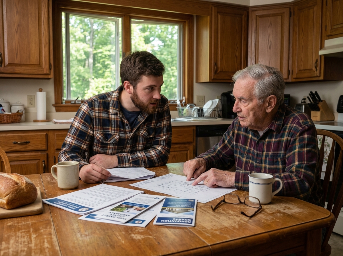 Jeune homme et père discutant de travaux dans une cuisine chaleureuse
