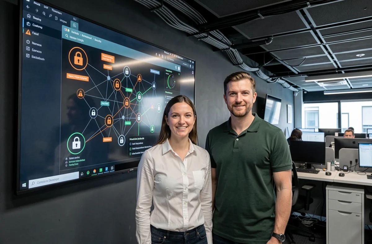 Deux professionnels en sécurité informatique analysant une carte réseau de cybersécurité dans un centre d'opérations moderne