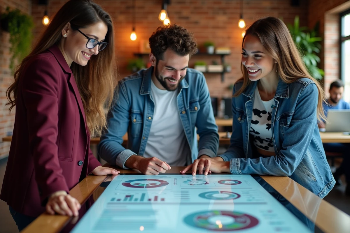 Équipe de jeunes professionnels analysant des innovations technologiques sur un écran tactile dans un espace de coworking dynamique