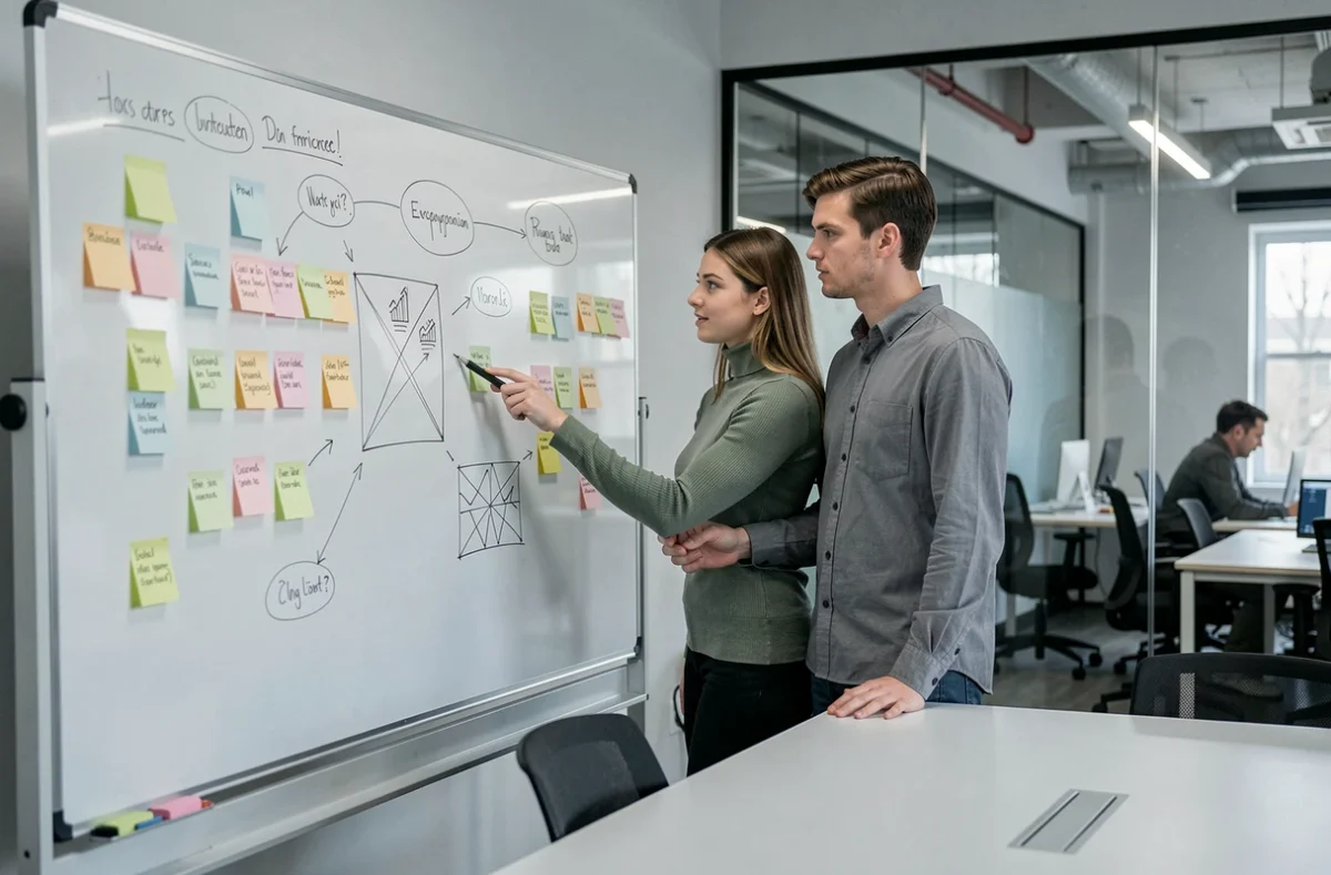 Deux jeunes professionnels collaborant sur une stratégie web et des innovations numériques dans une salle de réunion moderne