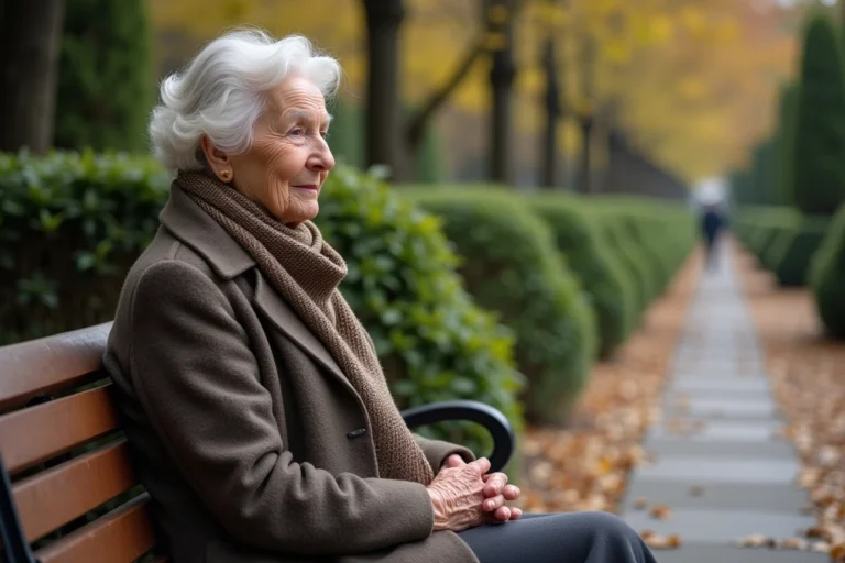 Femme âgée assise dans un parc parisien en automne
