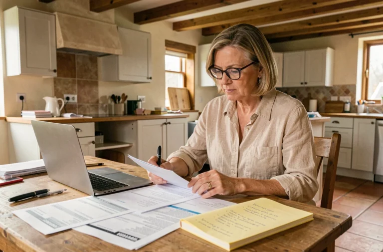 Femme consultant des documents d'aides à la rénovation énergétique dans une cuisine en travaux