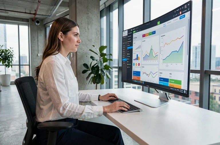 Femme professionnelle analysant des tendances web sur un grand écran dans un bureau moderne et lumineux