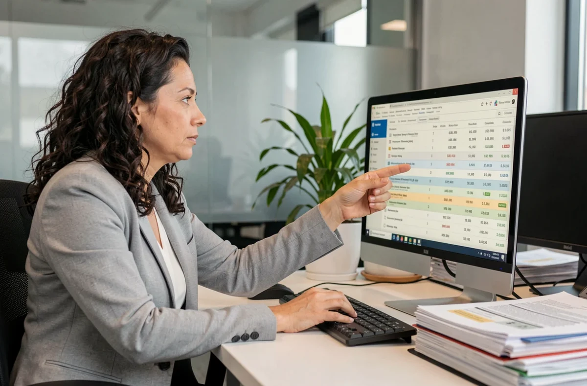 Femme analysant les transactions bancaires sur son ordinateur pour repérer un prélèvement automatique Predica non désiré