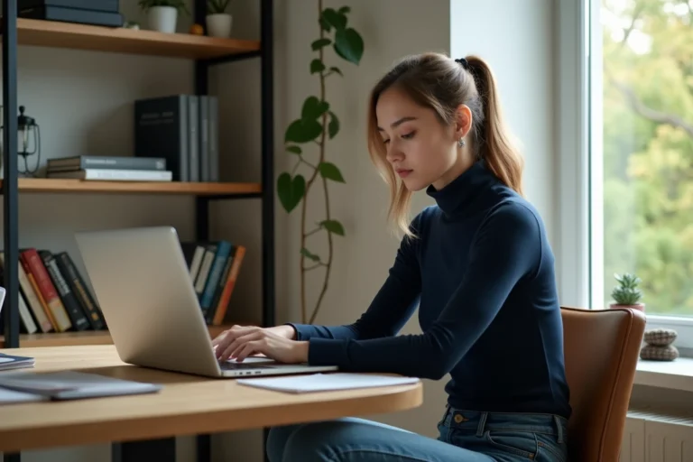 Jeune femme concentrée travaillant sur son ordinateur dans un bureau moderne