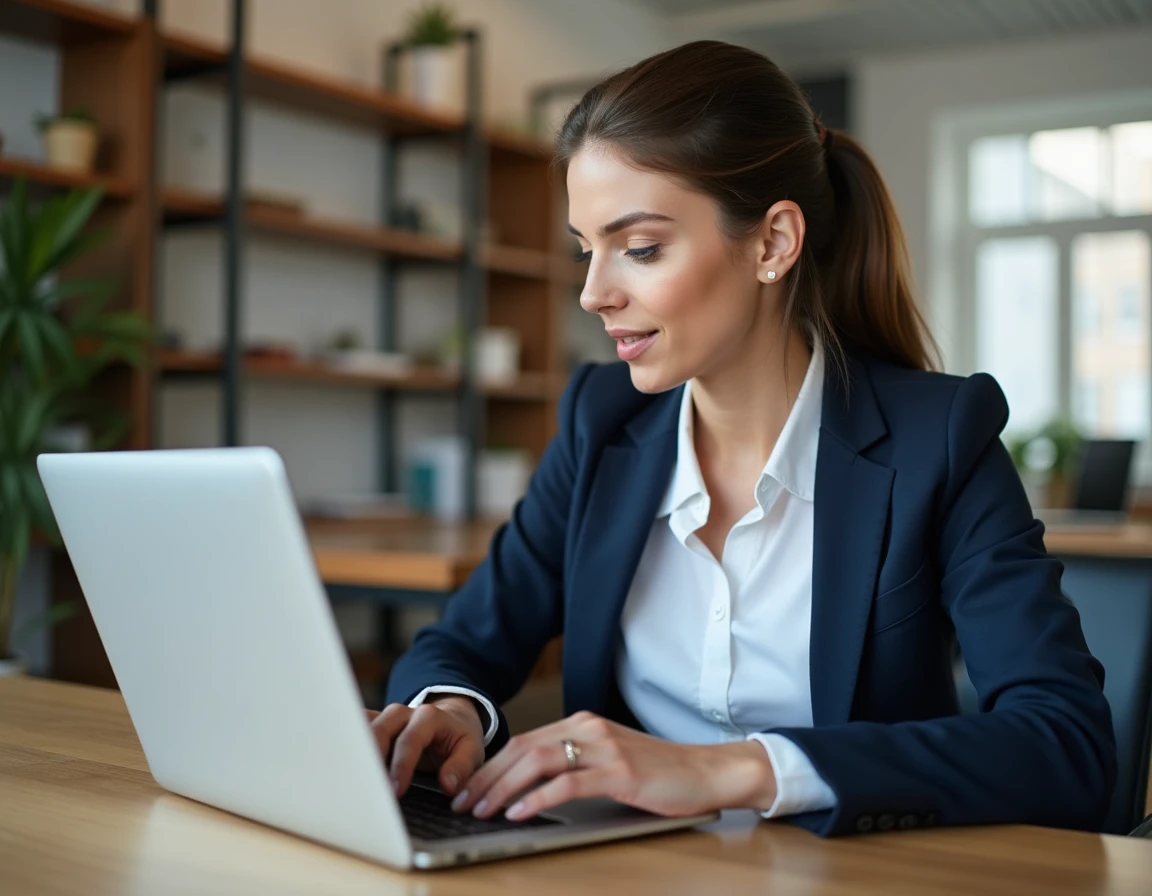 Femme professionnelle consultant la nouvelle plateforme annuaire ZT-ZA sur son ordinateur portable dans un bureau moderne