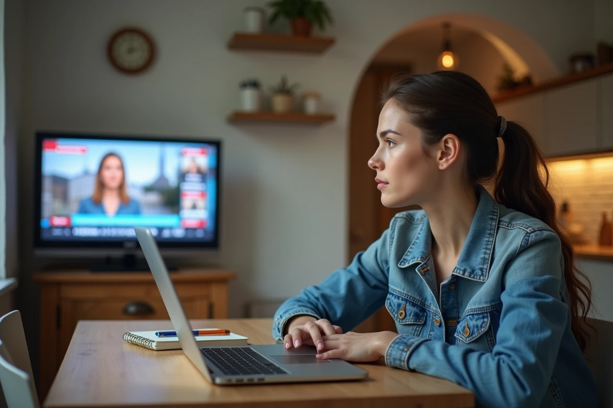Jeune femme regardant la télévision dans sa cuisine