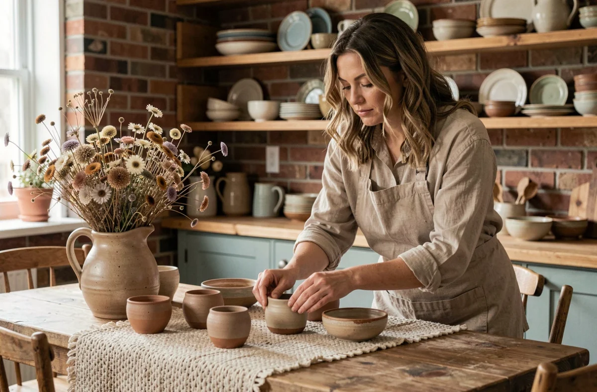 Femme arrangeant des poteries artisanales sur une table en bois dans une cuisine rustique avec briques apparentes et vaisselle faite main