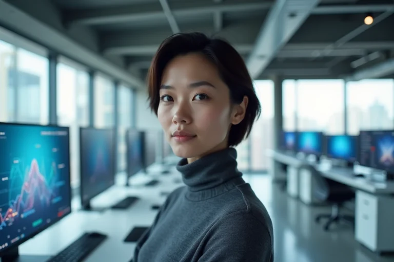 Femme ingénieure dans un laboratoire technologique moderne entourée d'écrans de données et d'interfaces numériques innovantes