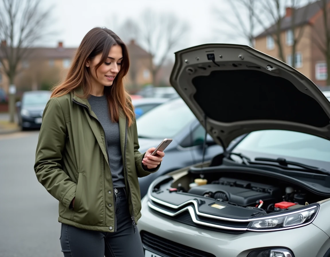 Femme debout devant le capot ouvert de sa Citroën C3 grise dans un parking, inspectant la batterie avec son smartphone