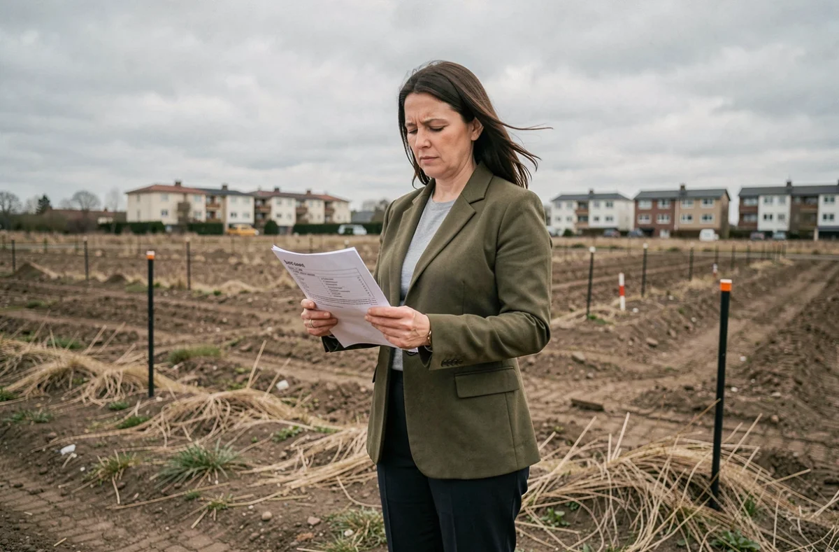 Une femme examine un document de revue foncière sur un terrain immobilier vague en zone périurbaine avant un investissement