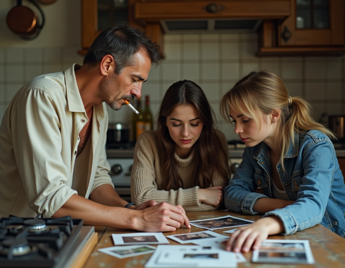 Natacha et Paul Gainsbourg avec leur père Serge dans une cuisine parisienne, partageant des souvenirs en famille