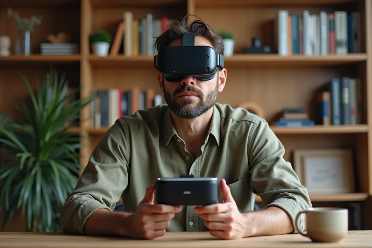 Homme testant un casque de réalité augmentée de dernière génération dans un bureau à domicile moderne et épuré