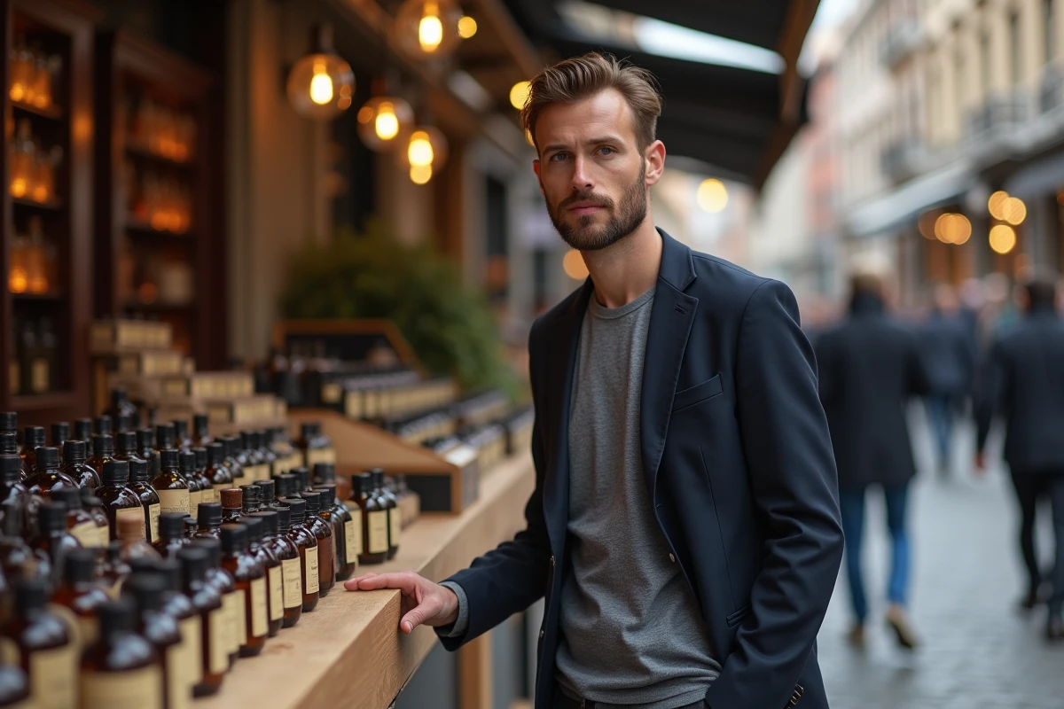 Homme en veste marine choisissant un parfum pas cher sur un marché urbain en plein air
