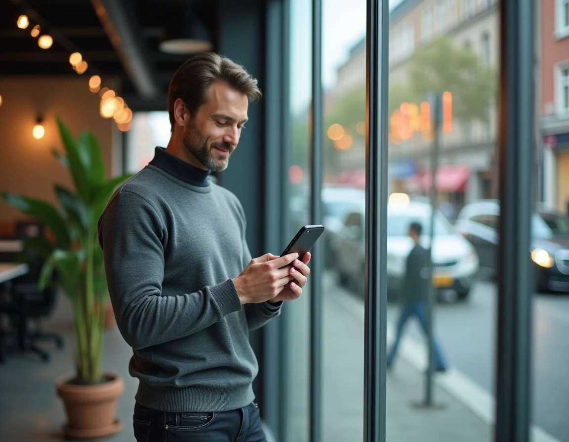 Homme découvrant le changement de nom de Zone Annuaire vers ZT-ZA sur son smartphone dans un espace de coworking