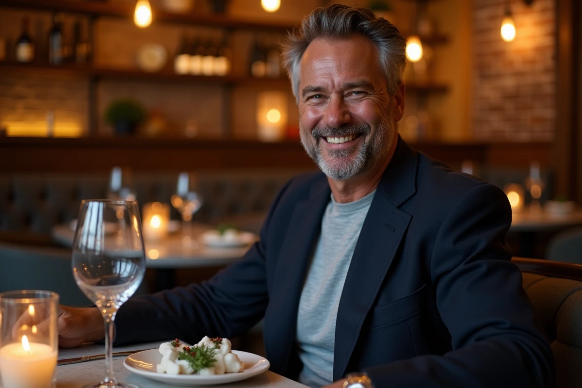 Homme séduisant en blazer marine attablé dans un restaurant romantique, évoquant la vie amoureuse et les rendez-vous galants d'une célébrité masculine