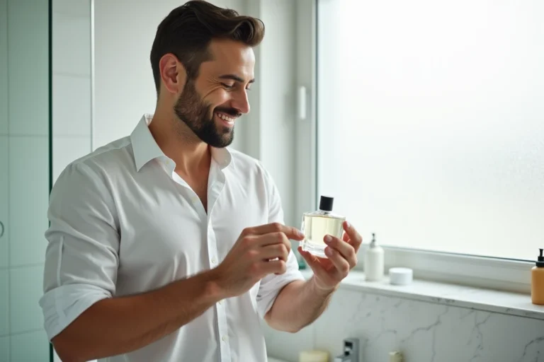 Homme tenant un flacon de parfum abordable dans une salle de bain moderne et épurée