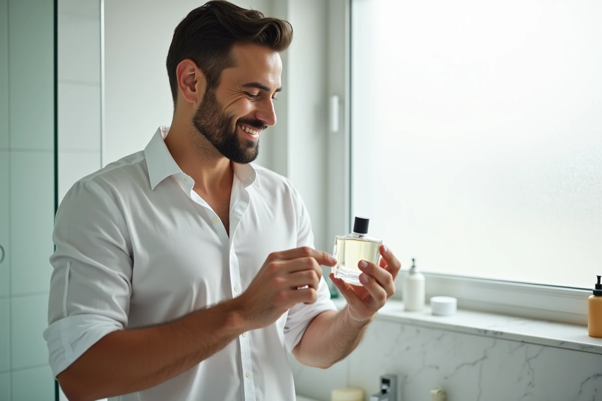 Homme tenant un flacon de parfum abordable dans une salle de bain moderne et épurée