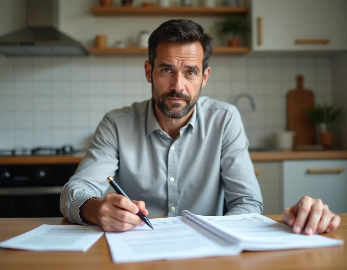 Homme préparant son dossier de demande de logement social à son domicile avant une commission d'attribution