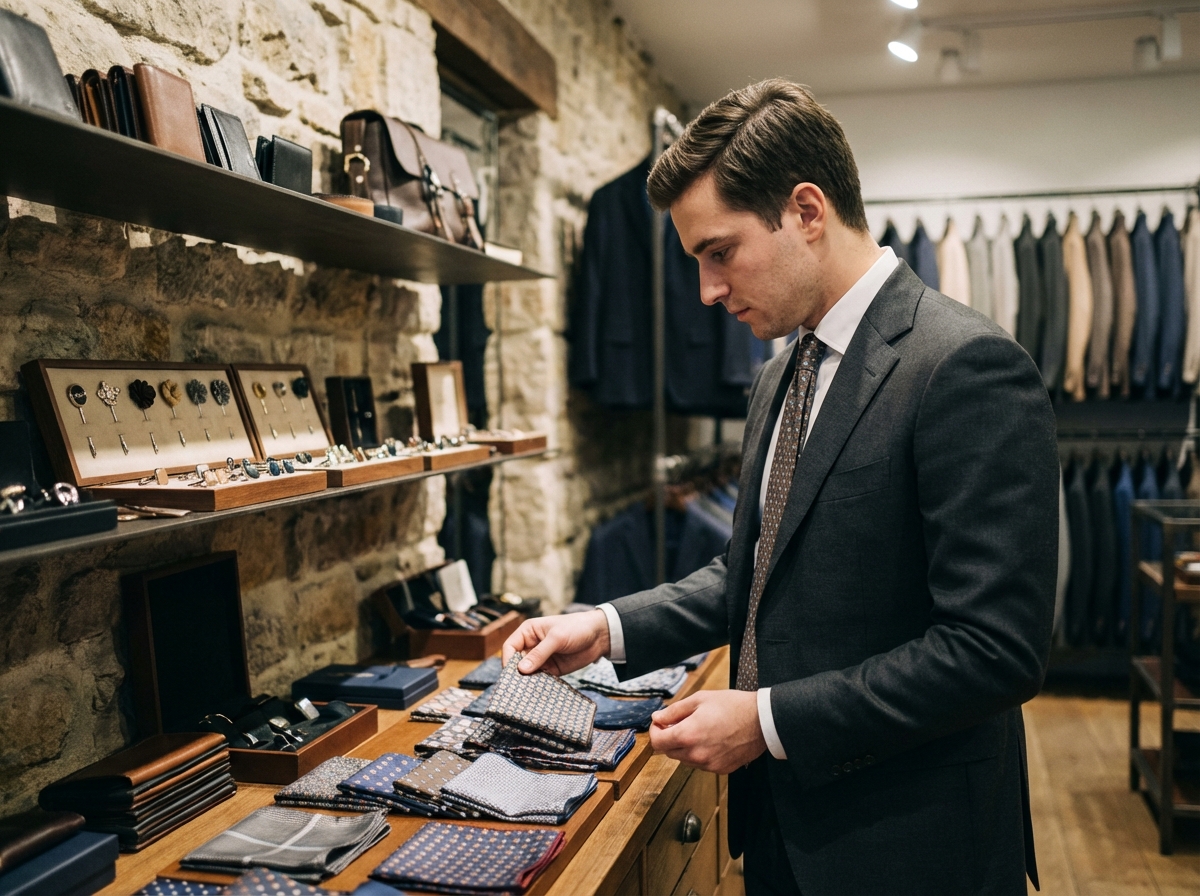 Homme choisissant une pochette dans une boutique de mode masculine
