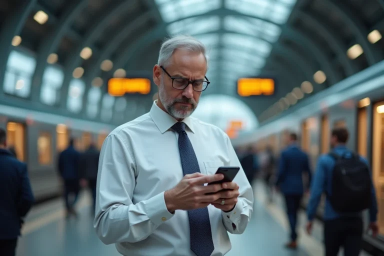 Homme d'affaires regardant son smartphone dans une gare moderne