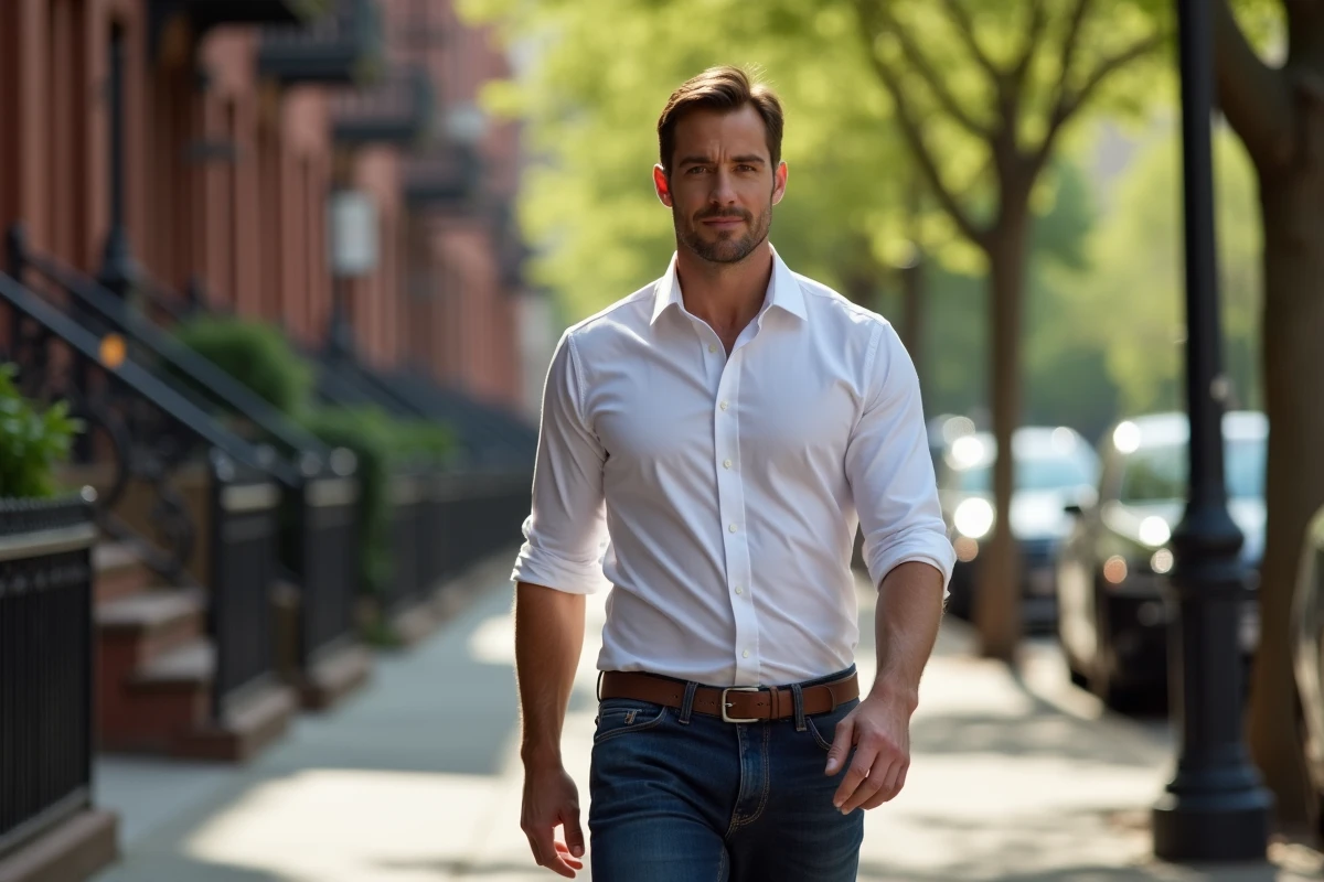 Homme athlétique en tenue casual chic marchant dans une rue animée bordée d'arbres, illustrant le style et la prestance d'une star masculine américaine